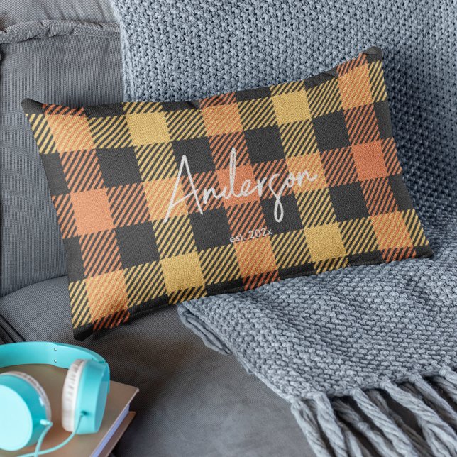 Stylish Orange Yellow Black Fall Colour Plaid Lumbar Pillow (Creator Uploaded)
