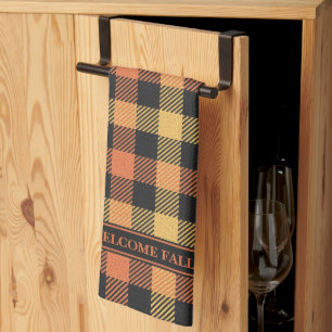 Stylish Orange & Yellow Family Fall Color Plaid Kitchen Towel
