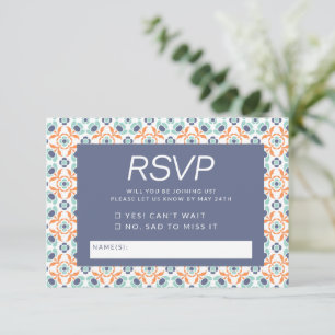 Stylish Ornate Geometric Pattern in Blue Wedding  RSVP Card
