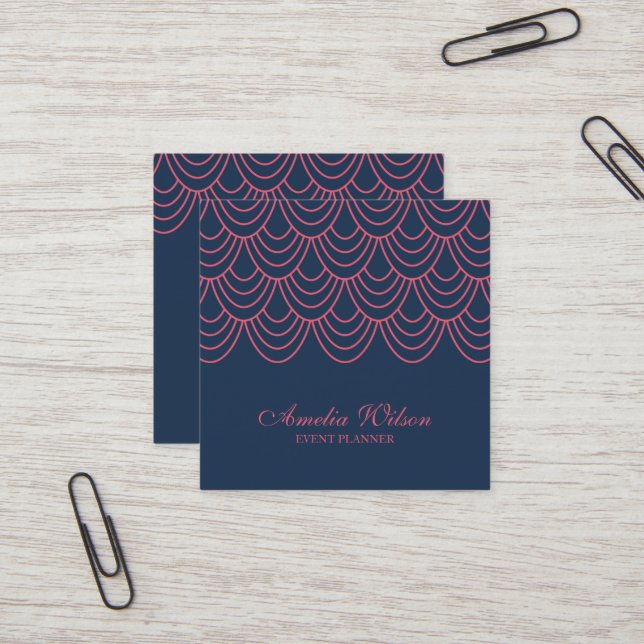 Stylish Outline Pink and Blue Geometric Pattern Square Business Card (Front/Back In Situ)