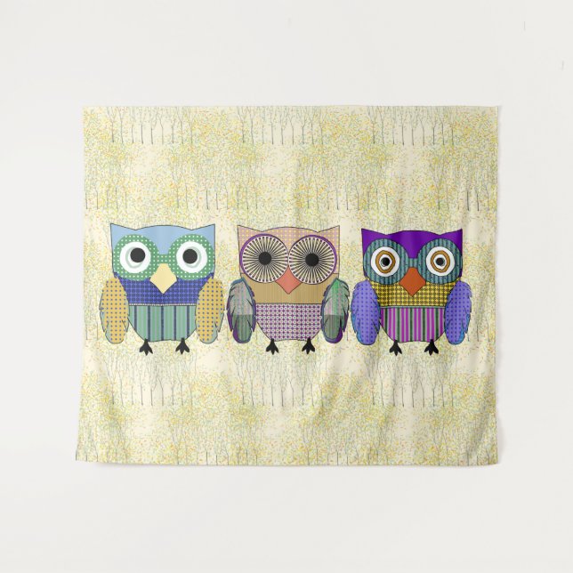 Stylish Owl Trio Tapestry (Front (Horizontal))