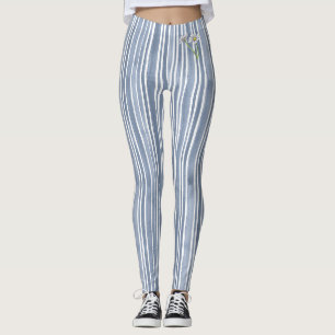 Stylish Pale Blue Striped Watercolor Daisy  Leggings