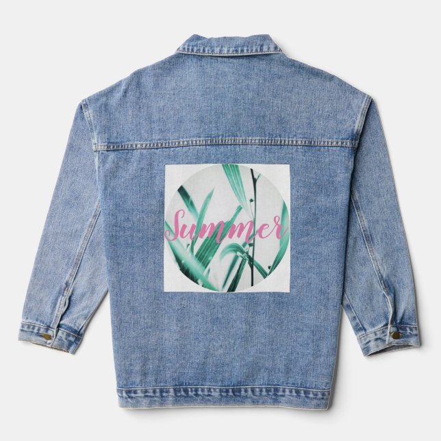 Stylish Pale Green Plant Summer Vibes Denim Jacket (Back)