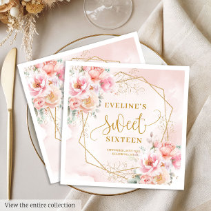 Stylish pale pink gold flowers sweet sixteen napkin