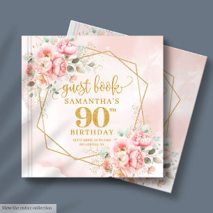 Stylish Pale Pink Gold Glitter Floral 90 Birthday Guest Book