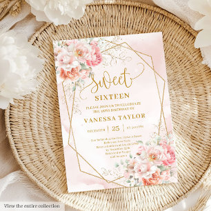 Stylish Pale Pink Sage Gold Floral Sweet 16 Invite