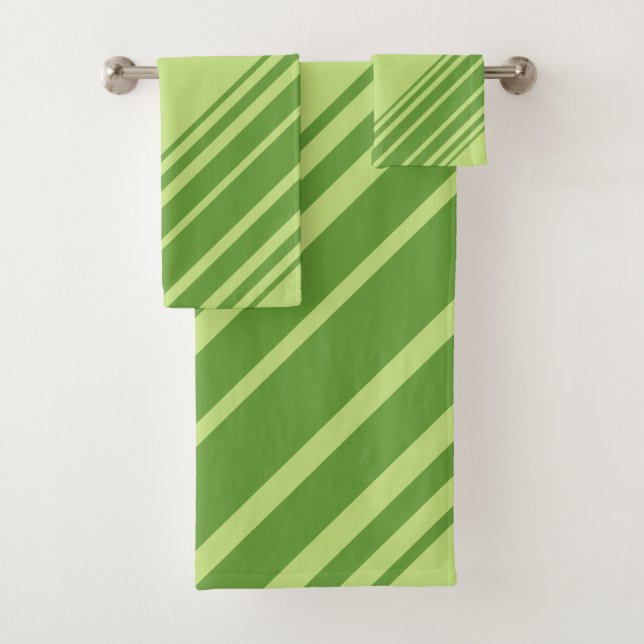 Stylish Palm Leaf Green Diagonal Stripes Bath Towel Set (Insitu)
