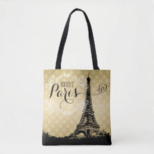 Stylish Paris Eiffel Tower Faux Gold Monogrammed Tote Bag