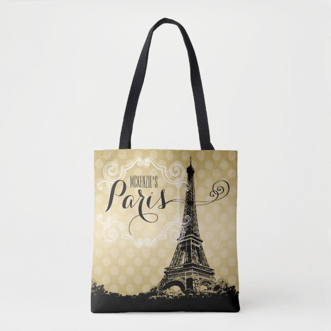 Stylish Paris Eiffel Tower Faux Gold Monogrammed Tote Bag (Front)