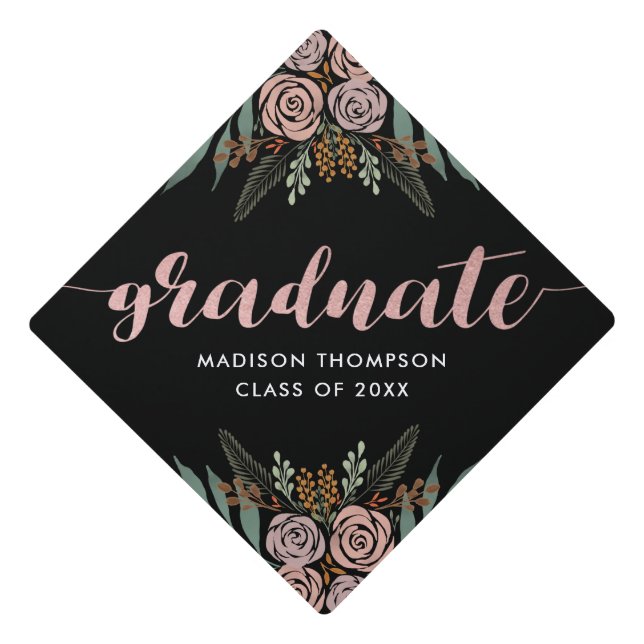 Stylish Pastel Calligraphy Script Rose Graduation Cap Topper (Front)