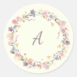 Stylish Pastel Floral Wreath Monogram Personalized Classic Round Sticker