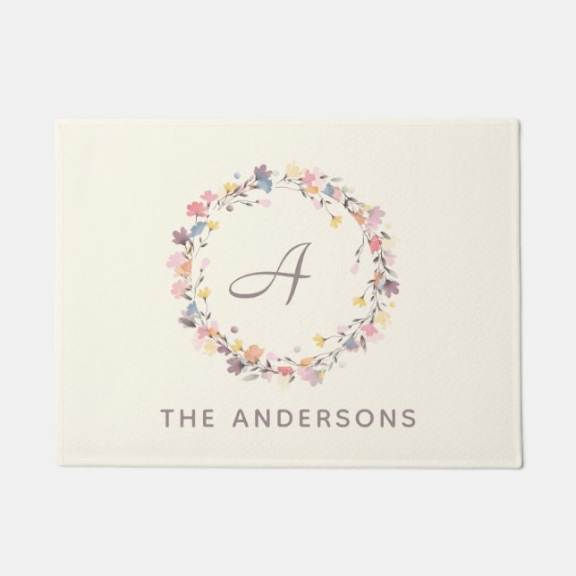 Stylish Pastel Floral Wreath Monogram Personalized Doormat (Front)