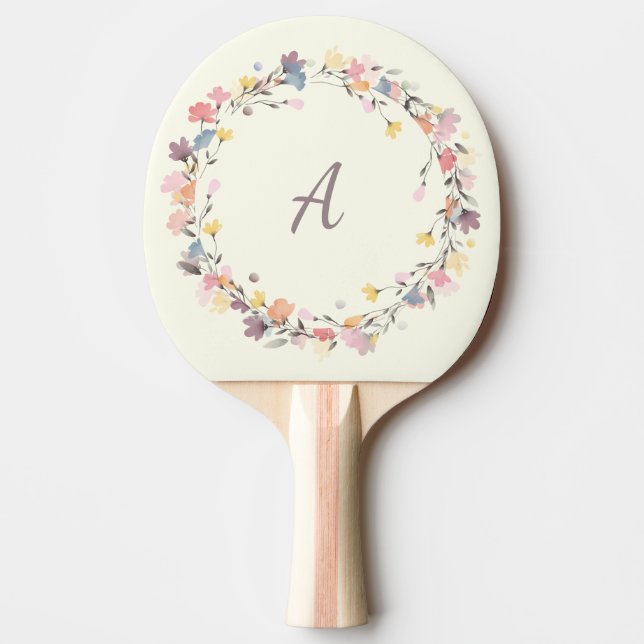 Stylish Pastel Floral Wreath Monogram Personalized Ping Pong Paddle (Front)