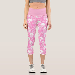 Stylish pastel goth pink skulls botanical capri leggings