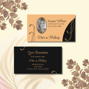 Stylish Peach and Black Ornate with Portrait Photo Business Card