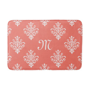 Stylish Peach Coral Damask Pattern With Monogram Bath Mat