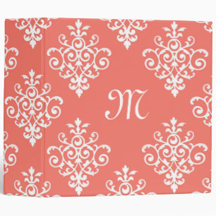 Stylish Peach Coral Damask Pattern With Monogram Binder