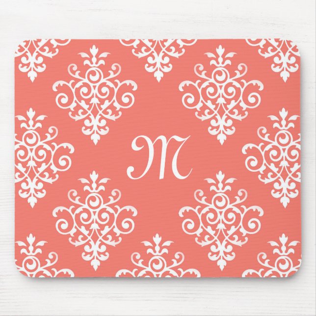 Stylish Peach Coral Damask Pattern With Monogram Mouse Pad (Front)