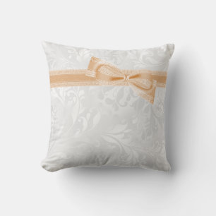 Stylish Peach Faux Bow & Ribbon & Damask Throw Pillow