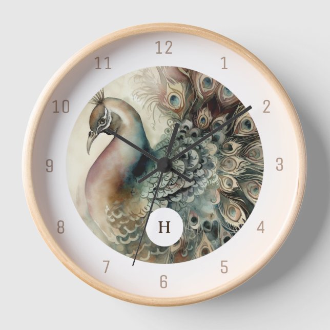 Stylish Peacock | Add Your Initial Clock (Front)