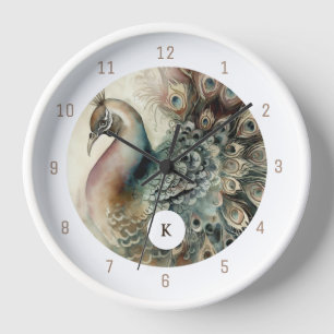 Stylish Peacock   Add Your Initial Clock