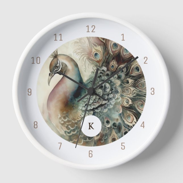 Stylish Peacock | Add Your Initial Clock (Front)