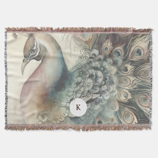 Stylish Peacock | Add Your Initial Throw Blanket (Front)