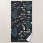 Stylish Peacock and Flower Bridesmaid Black Beach Towel<br><div class="desc">This Stylish Peacock and Flower Bridesmaid Black Beach Towel features blue and teal peacocks perched on Magnolia tree branches in full bloom, hand-drawn in black ink. Personalize with Name and Heading (all text is editable) by clicking on "Personalize this template" on the product page. For example, you could change the...</div>