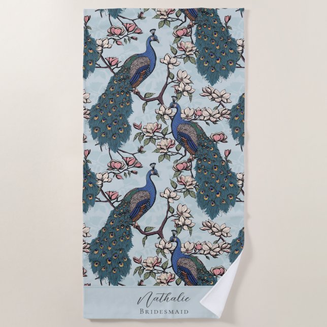 Stylish Peacock and Flower Bridesmaid Blue Beach Towel (Front)