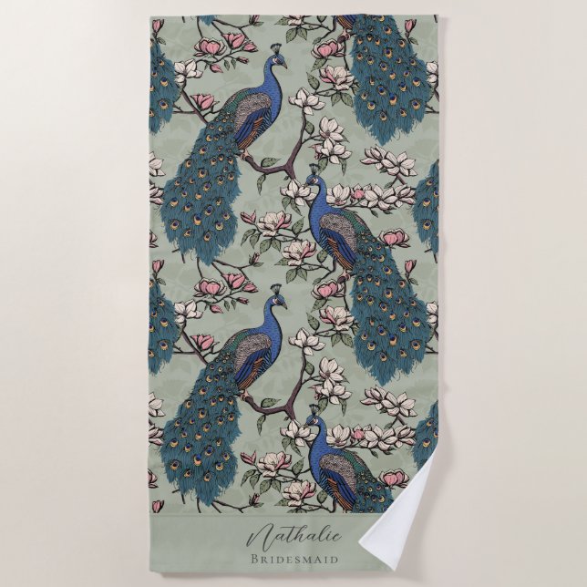 Stylish Peacock and Flower Bridesmaid Sage Green Beach Towel (Front)
