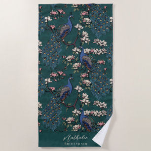 Stylish Peacock and Flower Bridesmaid Teal Beach Towel