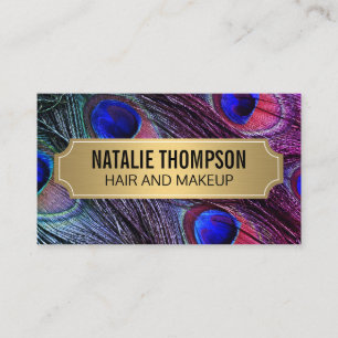 Stylish Peacock Feathers Gold Metallic Frame Business Card