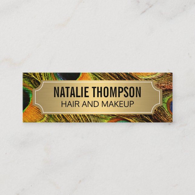 Stylish Peacock Feathers Gold Metallic Frame Mini Business Card (Front)