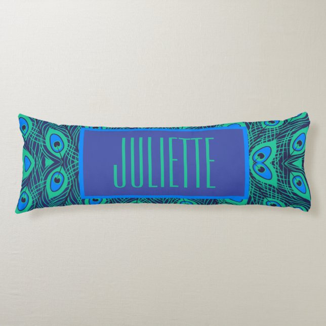 STYLISH PEACOCK FEATHERS IN GREEN & BLUE WITH TEXT BODY PILLOW (Front)