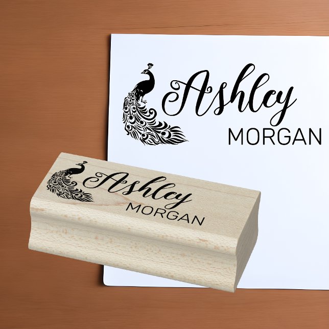 Stylish Peacock Silhouette Signature Name Rubber Stamp (Creator Uploaded)