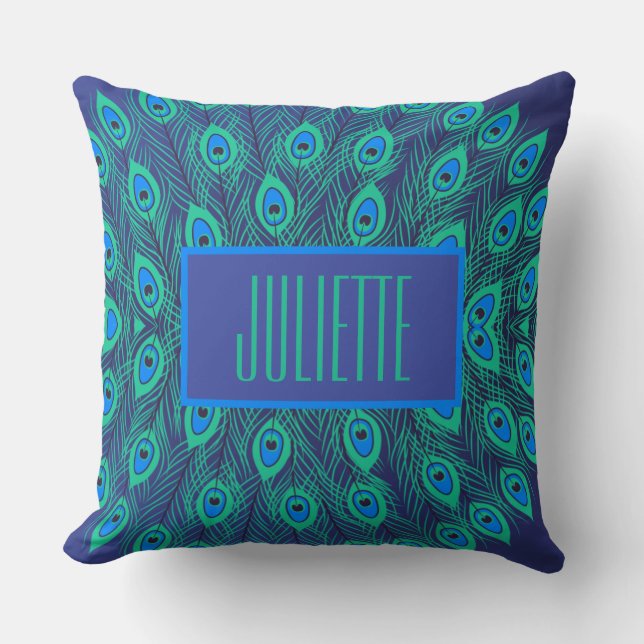 Stylish Peacock Teal & Blue Colour Personalized  Throw Pillow (Front)