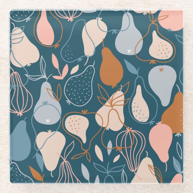 Stylish Pear: Scandinavian Dark Pattern Glass Coaster (Front)