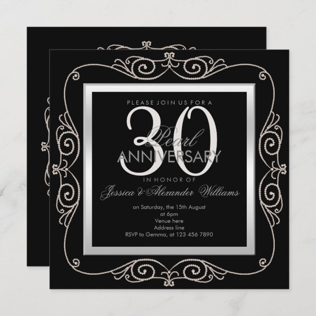 Stylish Pearl Framed 30th Wedding Anniversary Invitation (Front/Back)