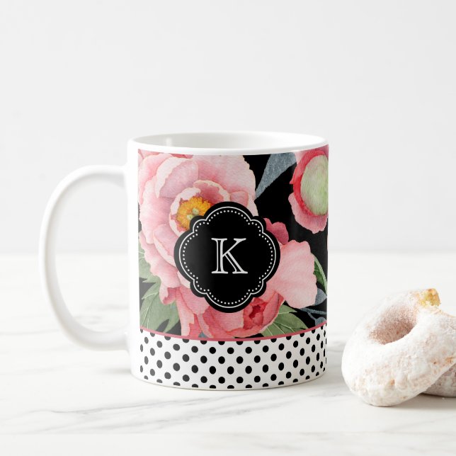 Stylish Peonies and Polka Dots with Monogram Coffee Mug (With Donut)
