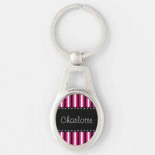 Stylish Personalized Black White Pink Stripes Keychain