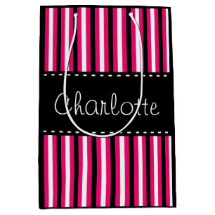 Stylish Personalized Black White Pink Stripes Medium Gift Bag