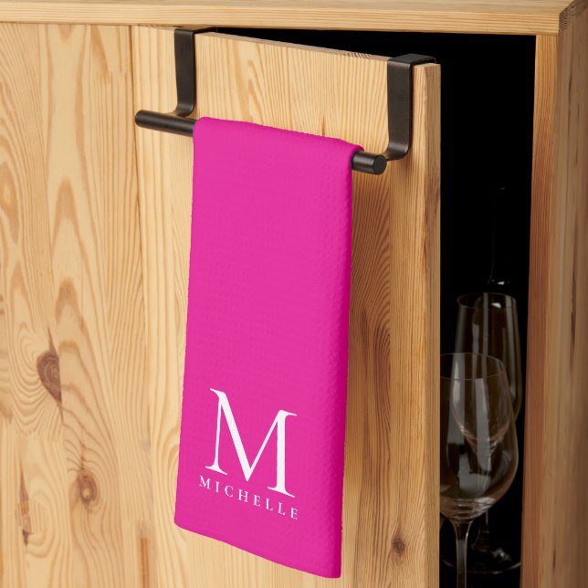 Stylish Personalized Hot Pink And White Monogram Kitchen Towel (Thirds Fold)