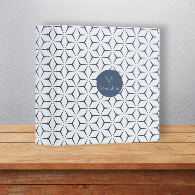 Stylish personalized monogram geometric blue  binder (Creator Uploaded)
