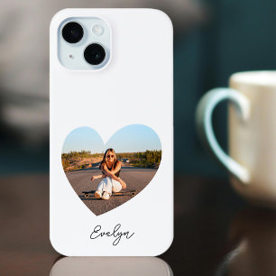 Stylish Personalized Name Photo Love Heart White iPhone 15 Case