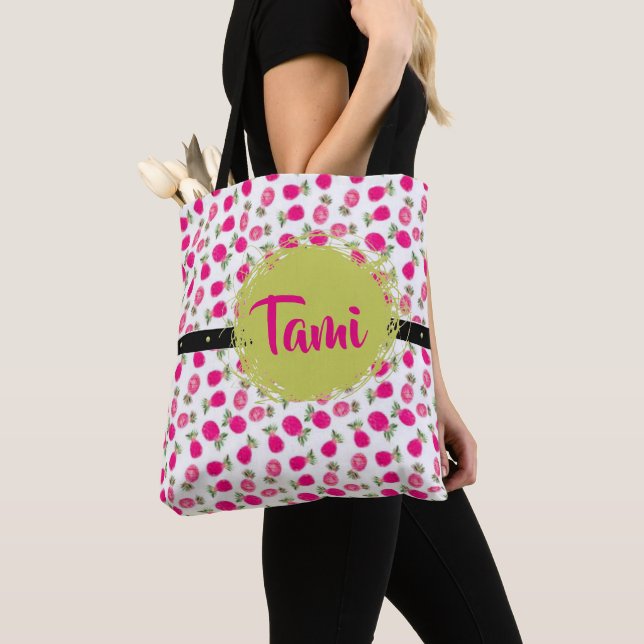Stylish Personalized Pink Floral Pattern Tote Bag (Close Up)