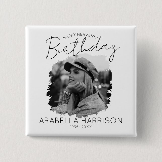 Stylish Photo Birthday Memorial 2 Inch Square Button (Front)
