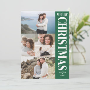 Stylish Photo Collage Green White Merry Christmas Holiday Card