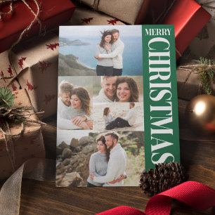 Stylish Photo Collage Green White Merry Christmas Holiday Card