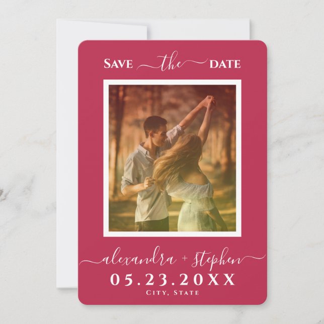 Stylish Photo Hand Lettering Minimalist Magenta Save The Date (Front)