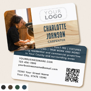 Stylish Photo Logo Rustic Woodgrain Blue Modern Business Card